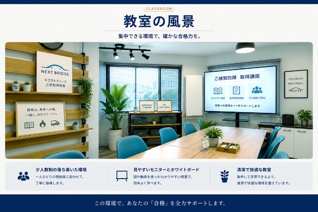 NEXT BRIDGEの教室。大型モニターと木目調テーブル、少人数用の座席が整った明るい学習空間